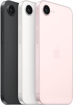 iPhone 17e, страничен и заден екстериор, черен цвят, страничен и заден екстериор, бял цвят, страничен и заден екстериор, нежен розов цвят, Fusion camera отгоре, страничен бутон