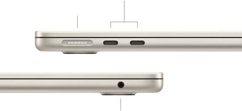 MacBook Air, затворен, лява страна, показващ MagSafe и два Thunderbolt порта, дясна страна, показващ жак за слушалки