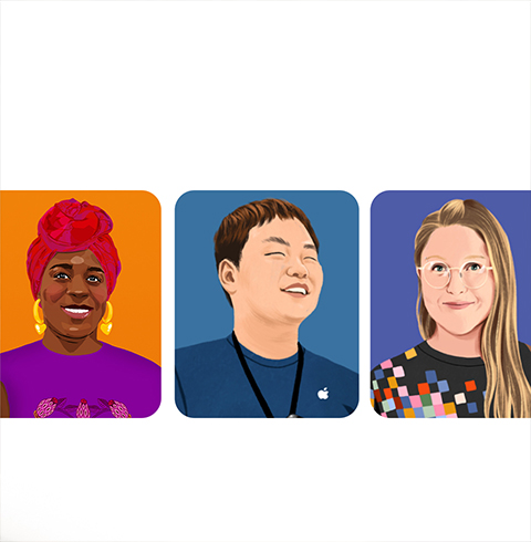 Drei Porträts von Apple Teammitgliedern.