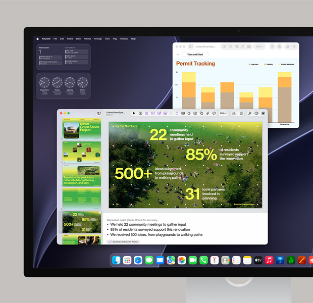 Obrazovka s různými aplikacemi v Docku a dalším barevným obsahem včetně aktivity v Safari a Adobe Acrobatu