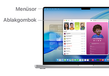 Ukázka navigace macOS na 14palcovém MacBooku Pro; čára znázorňuje umístění Docku.