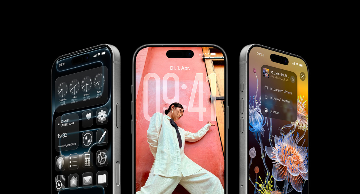 Die Vorderseiten von 3 iPhone 17 Pro Modellen nebeneinander, die Displays zeigen die Weltuhr App, den iOS 26 Sperrbildschirm und das Sichern aus der Notizen App.