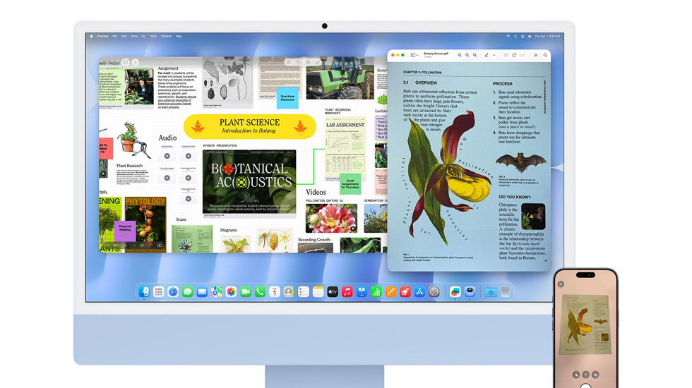 Un iMac et un iPhone affichent des contenus aux couleurs éclatantes, et l’iMac arbore un fond d’écran macOS Tahoe.