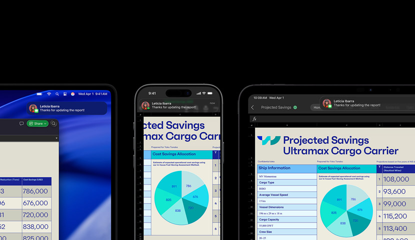 Una presentazione aziendale mostrata su iPhone, Mac, iPad ed Apple Watch. Sul Mac è installato macOS Tahoe.