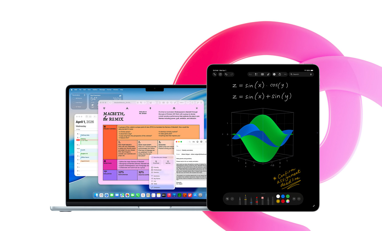 MacBook Air visar Pages, Kalender, Mail och en ruta med Skrivverktyg bredvid en iPad som visar handskrivna ekvationer i Matematikanteckningar, för att illlustrera produktivitet med förinstallerade appar