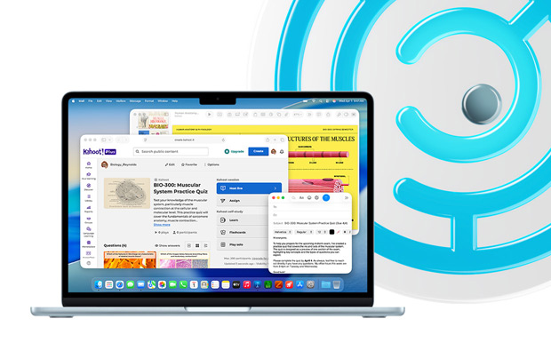 En öppen MacBook i himmelsblått, på skärmen visas utbildningsinnehåll i Keynote, Mail och Safari med Kahoot! och ”BIO-200 Muscular System Practice Quiz”