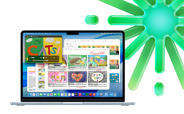 MacBook i himmelsblått med QuickTime, Anteckningar, Keynote och Bilder för att illustrera möjligheten att använda flera appar samtidigt