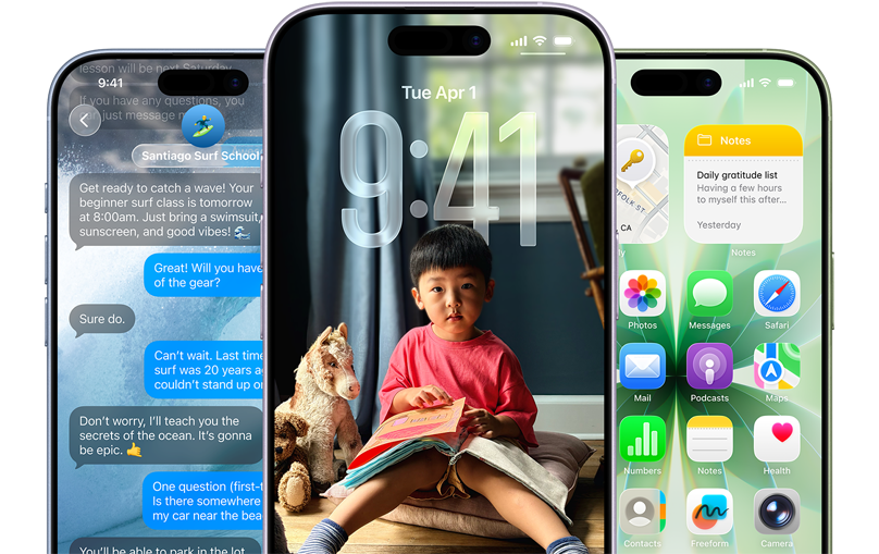 iPhone 17-enheter, sedda framifrån, färger: disblå, lavendel, salvia, iOS-funktioner – bakgrund med meddelanden, Liquid Glass som visar låsskärmen och hemskärmen med olika appar