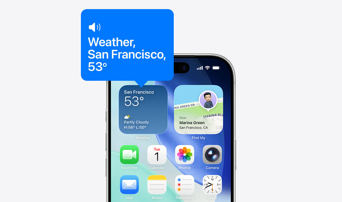 iPhone-beginscherm, symbool van Weer-widget, tekst wordt hardop voorgelezen door VoiceOver