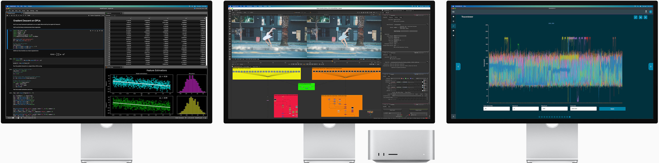 Mac Studio e tre Studio Display, tutti con app per macOS diverse sullo schermo