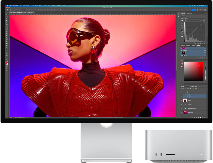 L’app Adobe Photoshop usata su un Mac Studio collegato a Studio Display