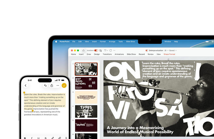 iPhone 16 Plus con testo evidenziato nell’app Note, Macbook Air con una slide di PowerPoint aperta che contiene lo stesso testo dell’app Note