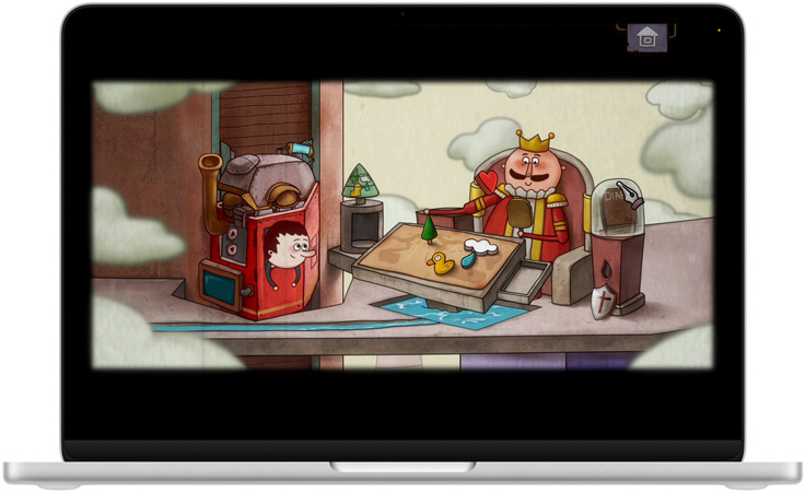 MacBook Neo color argento, lo schermo mostra una scena del gioco One Way: The Elevator