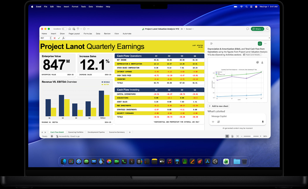 Schermata di un MacBook Pro con Excel in cui viene creato un report trimestrale sugli utili