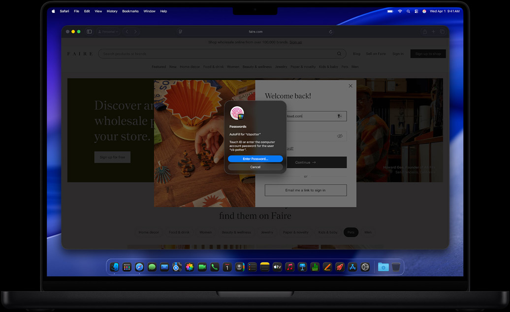 MacBook Pro, colore nero siderale, Safari e l’app Passwords che invita l’utente ad accedere a un sito web utilizzando Touch ID