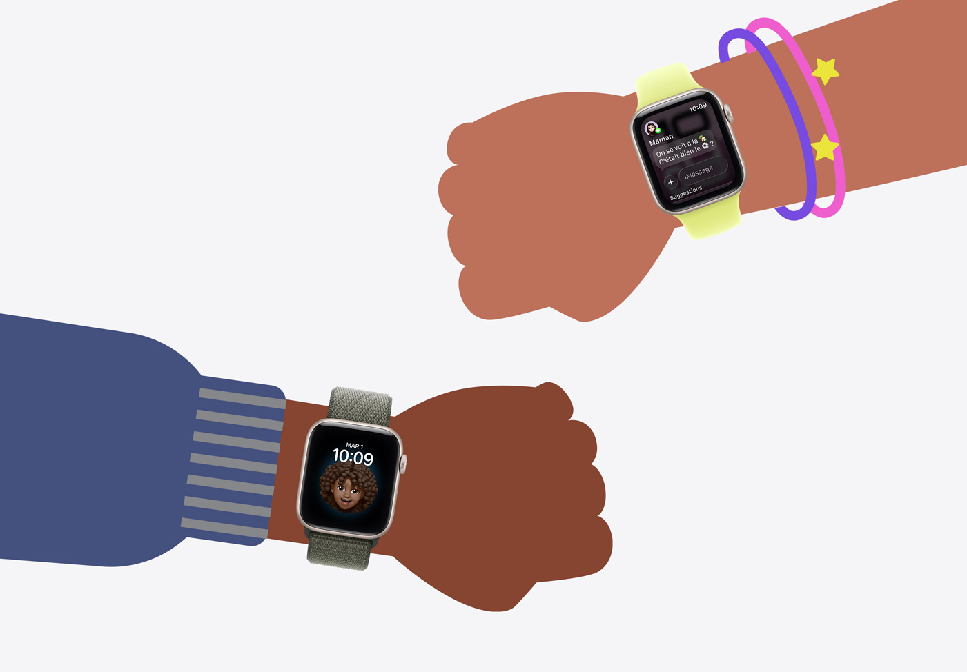 Apple Watch For Your Kids, Apple Watch pour vos enfants, illustration de poignets d’enfants portant une Apple Watch SE 3 illustrations of kids' wrists wearing Apple Watch SE 3