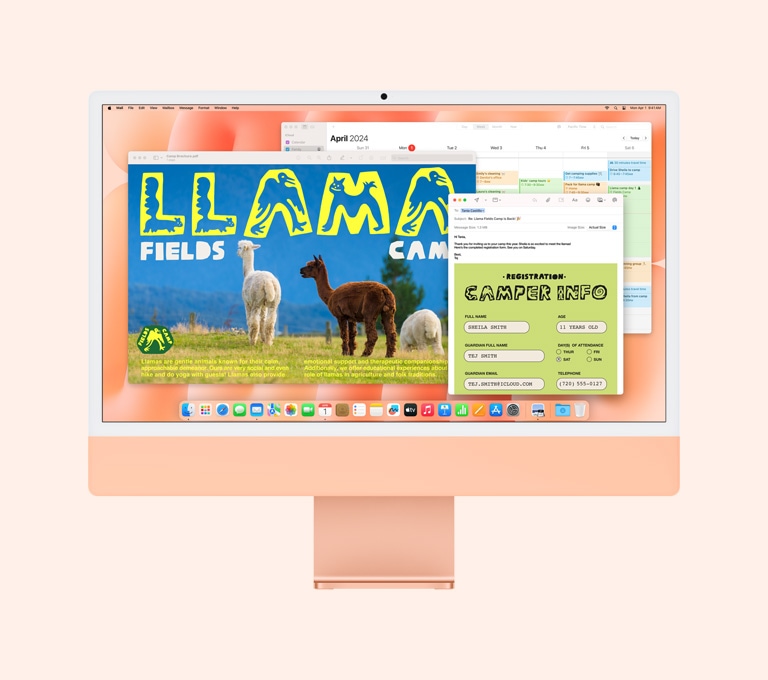 Narancsszínű iMac, kijelzőjén a Megtekintő, a Mail és a Naptár alkalmazással.