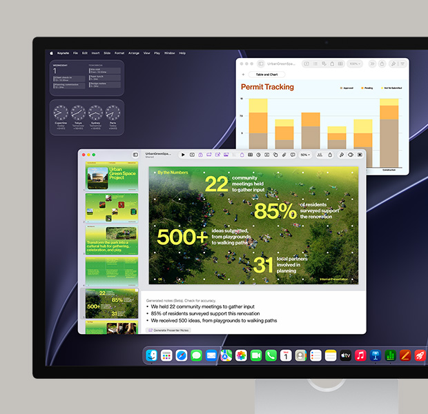 Layar penuh warna yang menampilkan berbagai aplikasi di Dock serta aktivitas Safari dan Adobe Acrobat