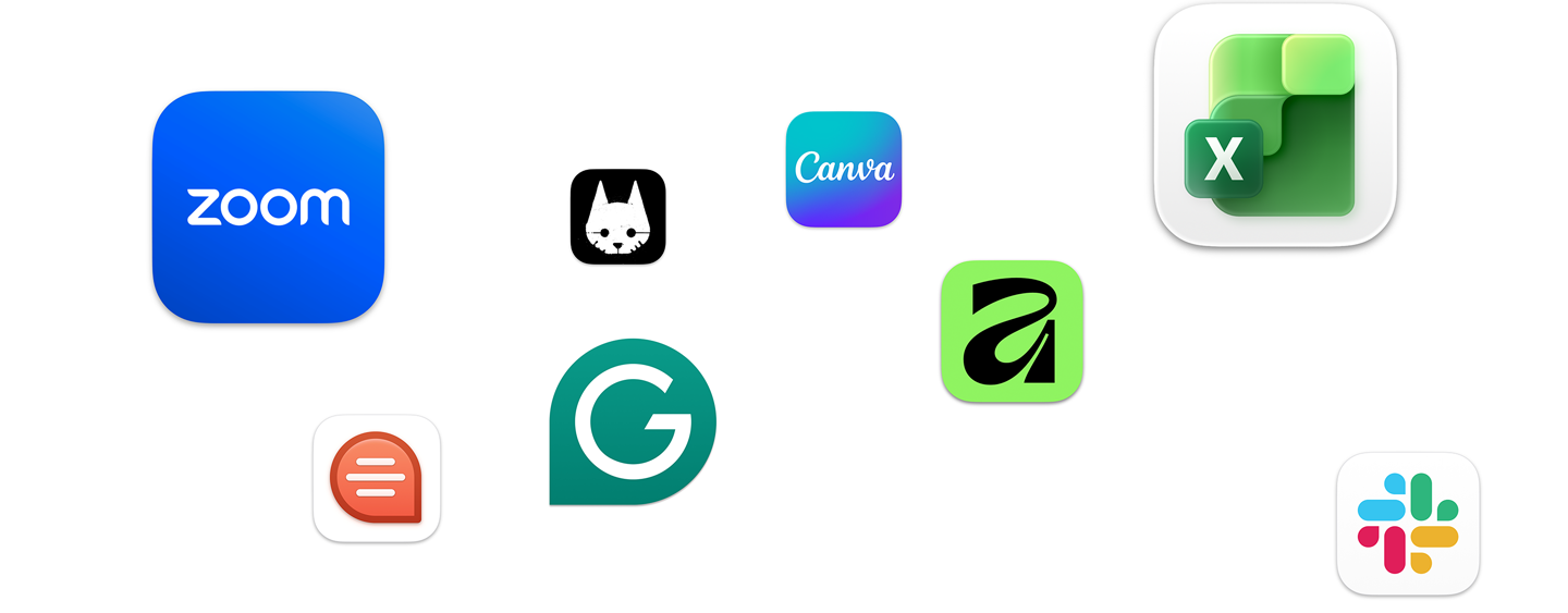 Various app icons floating on screen, including Zoom, Canva, Microsoft Excel, and Adobe Photoshop