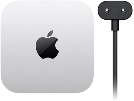Mac mini, top, silver aluminium, square, rounded corners, glossy black Apple logo centre, black power cord with two-prong power plug