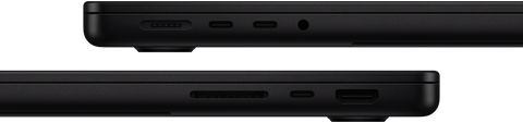 صورة تعرض منافذ MacBook Pro - الجهة اليسرى: MagSafe 3، و2 من منافذ ثندربولت، ومقبس لسماعات الرأس - الجهة اليمنى: فتحة بطاقة SDXC، ومنفذ ثندربولت واحد، وHDMI