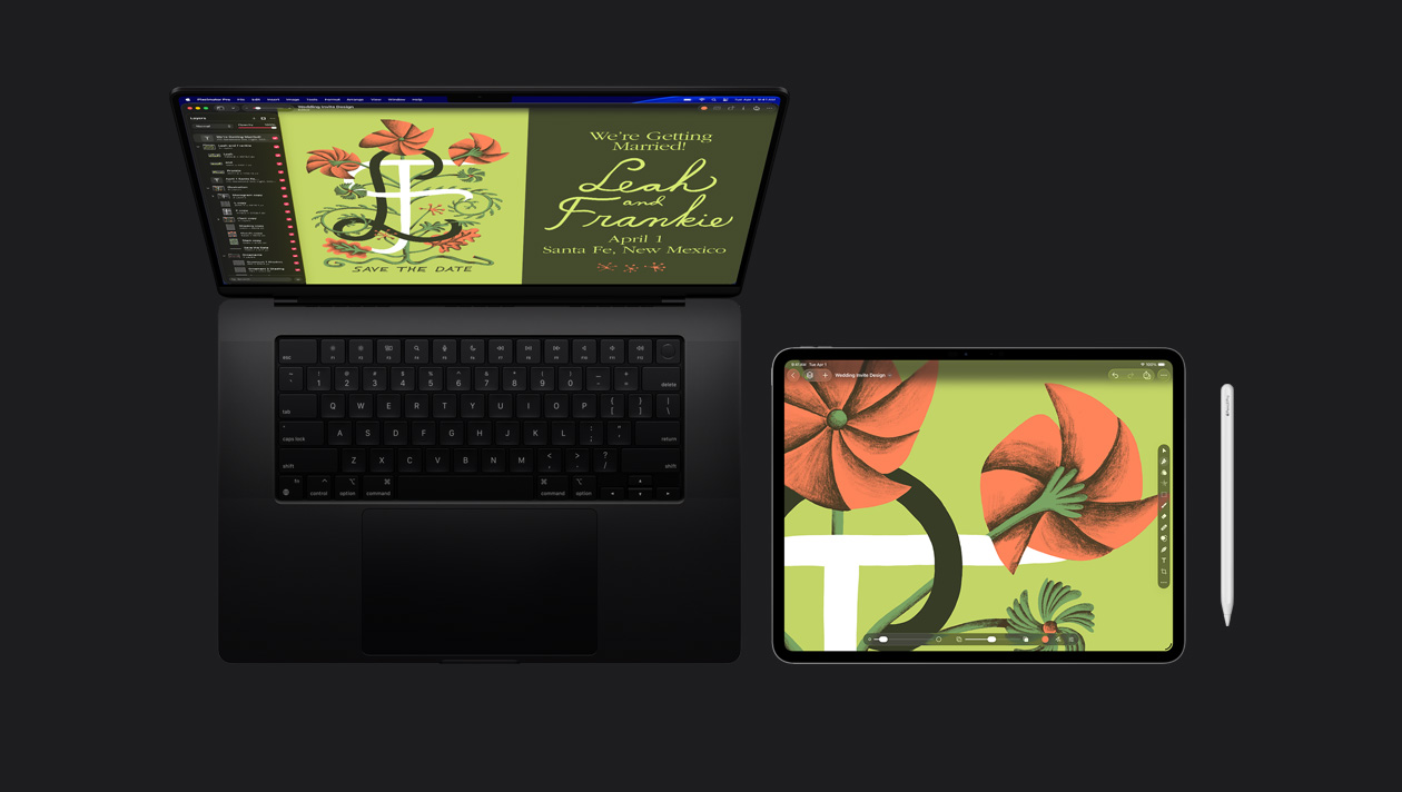شاشة MacBook&nbsp;Pro مقاس 16&nbsp;إنش تعرض رسماً لدعوة زفاف مع زهرة منمّقة بلون برتقالي على خلفية خضراء وحرف L وحرف F وعبارة 