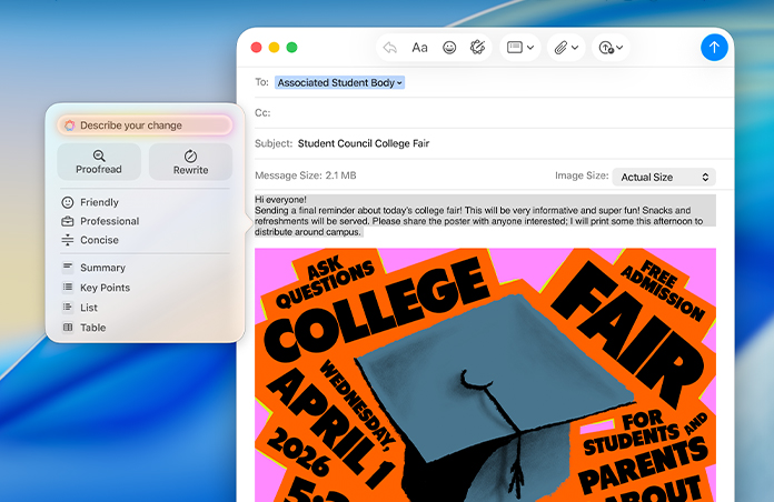 Mac 的 郵件 app 顯示一封大學博覽會電郵，Apple Intelligence 書寫工具已開啟，並提供校對或改寫語氣的選項