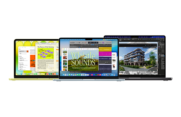 橘黃色 MacBook Neo、銀色 MacBook Air 及太空黑 MacBook Pro，展現 Mac 系列多樣化的效能選擇