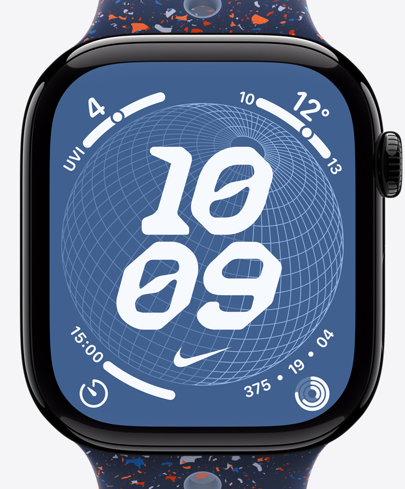 Tarcza Nike Globe, godzina, logo Nike Swoosh, komplikacje: indeks UV, pogoda, minutnik, Pierścienie aktywności