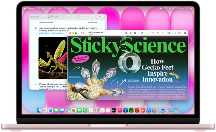 MacBook Neo w kolorze cytrusowożółtym, zamyka się i odwraca, MacBook Neo w kolorze subtelnego różu, obraca się od dołu i otwiera, pokazując artykuł o biomimikrze i quiz na ten sam temat