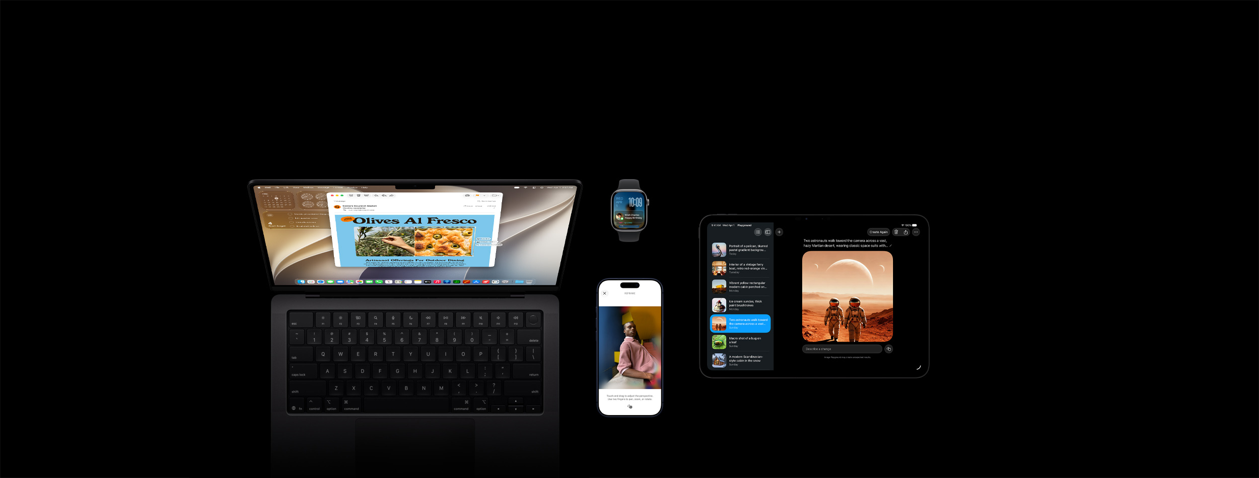 Cztery produkty, w tym iPhone 17 Pro w kolorze głębinowego błękitu z widocznym demo funkcji Zmień kadr i zdjęciem osoby opartej o ladę, Apple Watch Series 11 w rozmiarze 46 mm w kolorze gwiezdnej szarości z widoczną datą i ekranem blokady z przypomnieniem o urodzinach w Stosie inteligentnym, 14-calowy MacBook Pro w kolorze gwiezdnej czerni z widoczną funkcją Inteligencja wizualna i ze zrzutem ekranu przedstawiającym focaccię z oliwkami z mejla i wieloma podpowiedziami dotyczącymi tego obrazu oraz iPad Pro 11 w kolorze gwiezdnej czerni z widoczną funkcją Image Playground z obrazem dwóch astronautów wybranym z listy na pasku bocznym