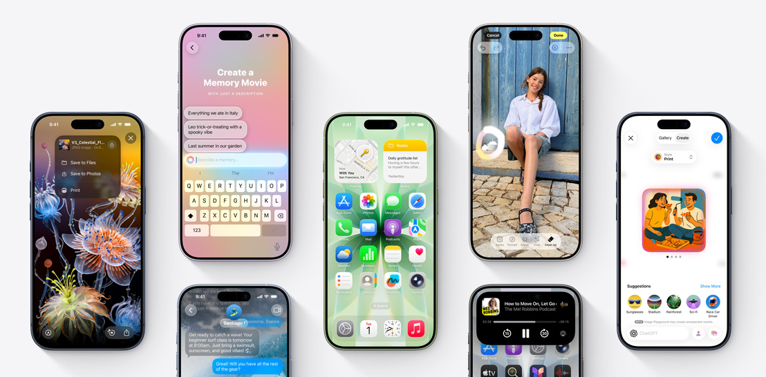 An array of iPhone 17 and 17 Pro devices each with a different screen showcasing iOS 26 and Apple Intelligence features