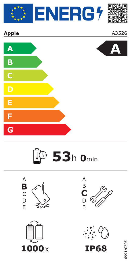 QR kód a informácie na energetickom štítku EÚ, model Apple A3526, trieda A, triedy energetickej účinnosti (so stupnicou od A po G), A (najúčinnejšia) až G (najmenej účinná), výdrž batérie na jeden cyklus, 53 hodín a 0 minút na plné nabitie batérie, trieda spoľahlivosti pri opakovanom voľnom páde B, A (najodolnejšia) až E (najmenej odolná), trieda opraviteľnosti C, A (najopraviteľnejšia) až E (najmenej opraviteľná), výdrž batérie 1 000 cyklov, stupeň ochrany proti vniknutiu prachu a vody (IP) IP68, nariadenie 2023/1669