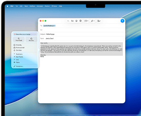 Obrazovka MacBooku Air s ukážkou použitia Nástrojov na písanie s Apple Intelligence pri písaní e-mailu