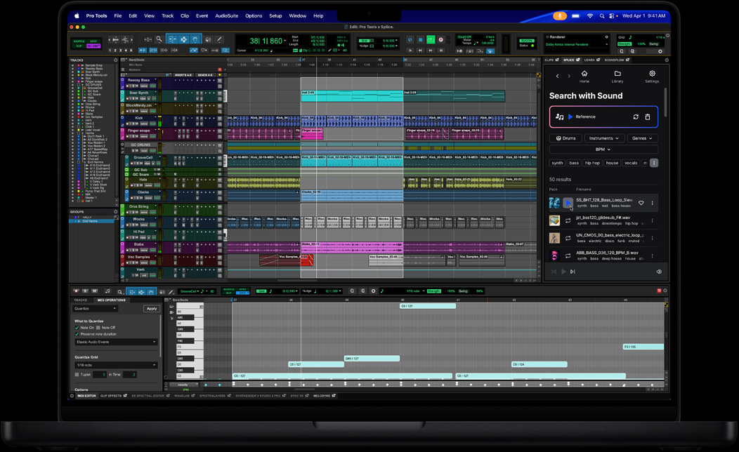 หน้าจอ MacBook Pro แสดงการใช้เครื่องมือระดับโปรเพื่อปรับแต่งเพลง