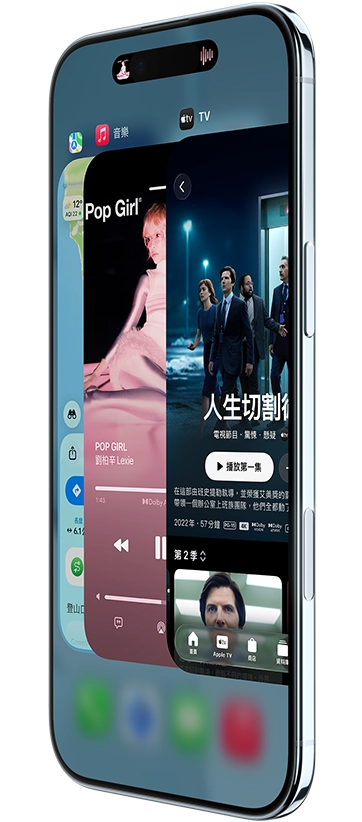 iPhone Air 機身正面側斜，螢幕上展示 Apple TV app