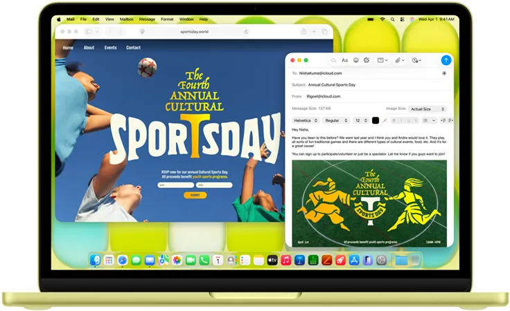 青橘黃色 MacBook Neo，畫面顯示使用者正在撰寫一封藝術展覽的電子郵件邀請函，旁邊打開相關的活動網站