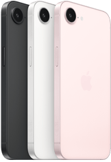 iPhone 17e, вид збоку та ззаду, чорного кольору, вид збоку та ззаду, білого кольору, вид збоку та ззаду, світло-рожевого кольору, камера Fusion у верхній частині, бічна кнопка