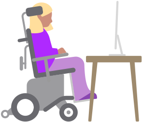 Une personne en fauteuil roulant électrique regarde un Mac posé sur un bureau