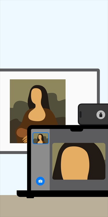 Illustration animée de l’app Loupe sur MacBook effectuant un zoom sur une image de La Joconde affichée sur le tableau d’une classe