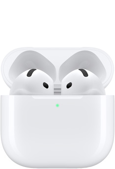 Des AirPods 4 dans leur étui de recharge ouvert.