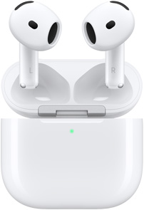 Estojo de recarga dos AirPods 4 aberto mostrando os AirPods suspensos acima do estojo.