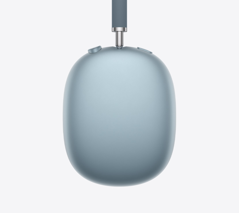 Casque AirPods Max 2, vue latérale extérieure, couleur bleue, détail de la branche télescopique, coussinet, Digital Crown et bouton de contrôle du bruit