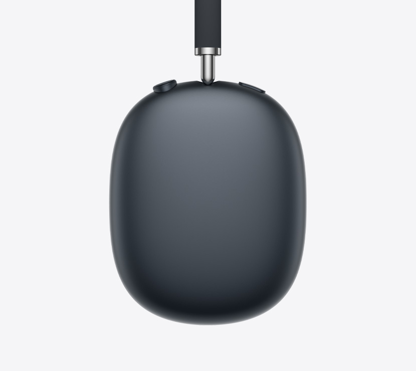 Casque AirPods Max 2, vue latérale extérieure, couleur minuit, détail de la branche télescopique, coussinet, Digital Crown et bouton de contrôle du bruit