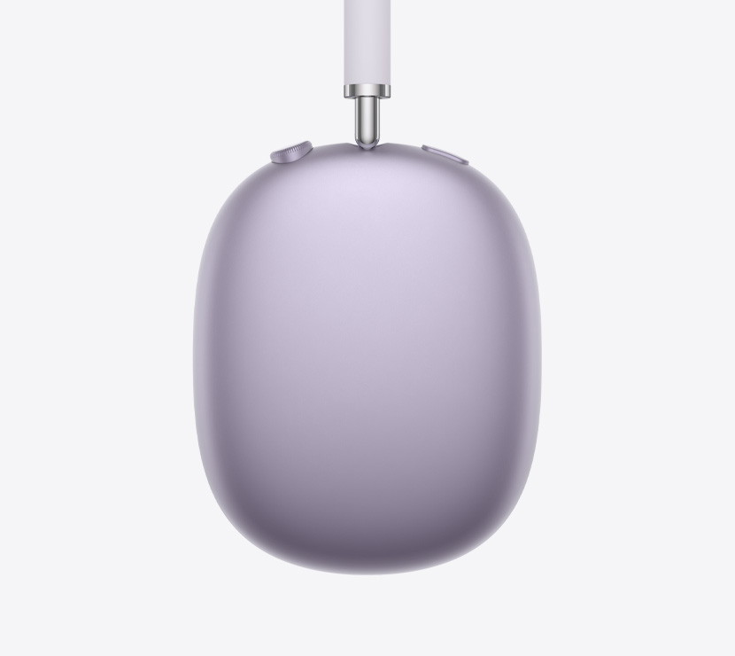Casque AirPods Max 2, vue latérale extérieure, couleur mauve, détail de la branche télescopique, coussinet, Digital Crown et bouton de contrôle du bruit
