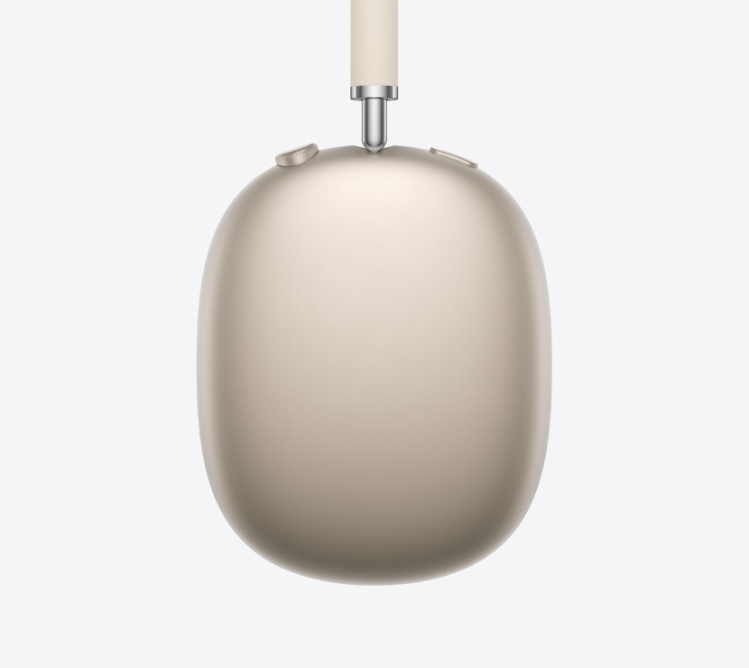 Casque AirPods Max 2, vue latérale extérieure, couleur lumière stellaire, détail de la branche télescopique, coussinet, Digital Crown et bouton de contrôle du bruit