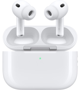 AirPods Pro 3 dans le boîtier de charge avec le couvercle ouvert, vue avant, blanc