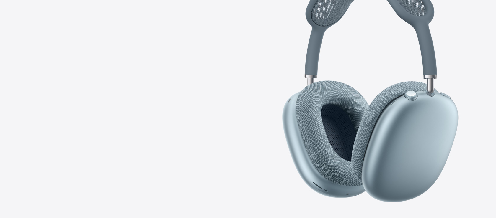Casque AirPods Max 2, vue latérale, couleur bleue, intérieur et extérieur des coussinets, Digital Crown