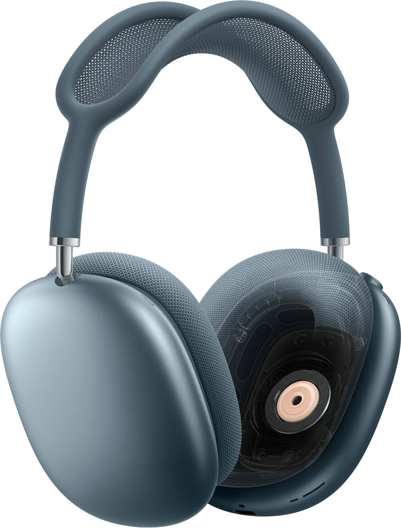 Casque AirPods Max 2 bleu, vue latérale, coussinet avec coupe transversale de la technologie du transducteur dynamique à l’intérieur