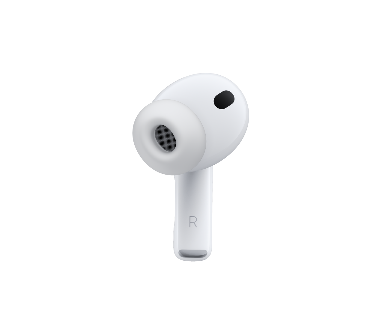 AirPods Pro 3, coloris blanc, micro à réduction de bruit, embout en silicone, tige courte sur laquelle est inscrite la lettre R
